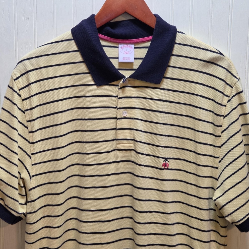 Brooks Brothers 346 Polo Shirt Mens L Yellow Striped Short Sleeve Cotton Logo